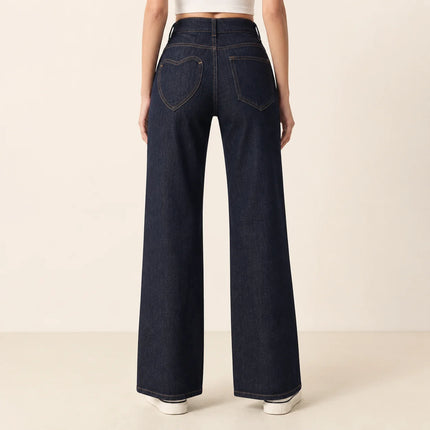 Women's Jeans High Waist Wide Leg Dark Blue Double Button Back Pocket Heart Shape Elegant Comfortable For Work And Outgoing YW‑1891