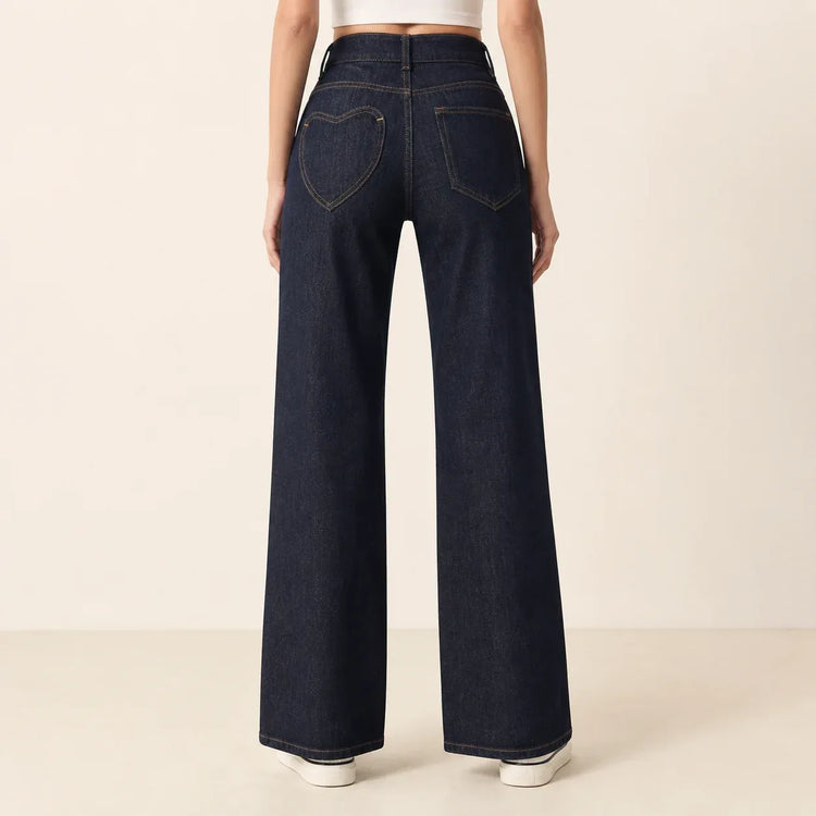 Women's Jeans High Waist Wide Leg Dark Blue Double Button Back Pocket Heart Shape Elegant Comfortable For Work And Outgoing YW‑1891