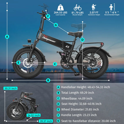 Bicicletta Elettrica Pieghevole DEEPOWER A5 1500W, LG Batteria Rimovibile 48V 15.6Ah, Bici Elettrica All-Terrain da 20 Pollici, E-Bike per Pendolari Urbani