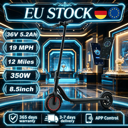 EU Stock 350W Lightweight Folding Electric Scooter 12 Miles Mileage 19MPH Top Speed 36V5.2AH Battery Three Speed Regulation App Control IPX4 Waterproof 8.5 Inch Solid Tire Max 120Kg Load For Weekend & Weekday Short Trips