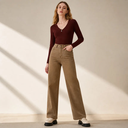 Women's Jeans Wide Waist High Leg Denim Khaki Washed Elastic Straight pants Wide Slimming Effect Hides Casual City Work & Leisure Hides YW‑1643