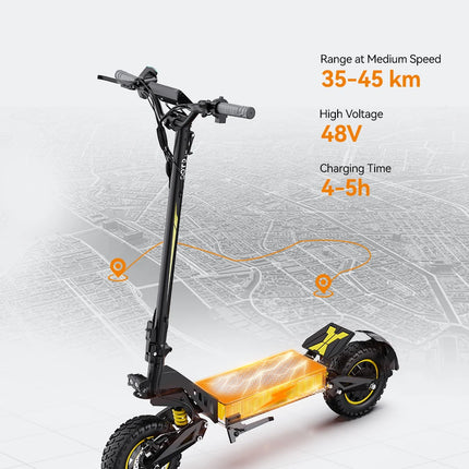Scooter elettrico per adulti con pneumatici fuoristrada da 11 pollici, oot10 900W 48V, batteria da 13,5 Ah, display a LED.