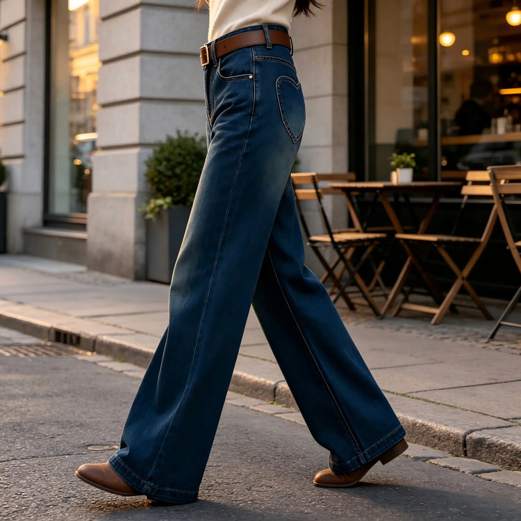 Women's High-Waisted Wide-Leg Jeans with Heart-Shaped Pockets, Belt Included, Retro Vintage Wash Denim, Loose-Fitting Pants That Elongate the Legs and Enhance the Silhouette, Comfortable Relaxed Fit, Yw-1892