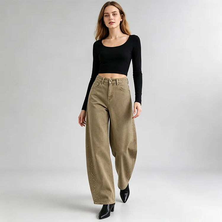 Barrel Women's Jeans High Waist Denim Washed Khaki Shaded Rhinestones Side pants Wide Curved Balloon Streetwear Retro Glam Look For City Out And Leisure FX5429-5