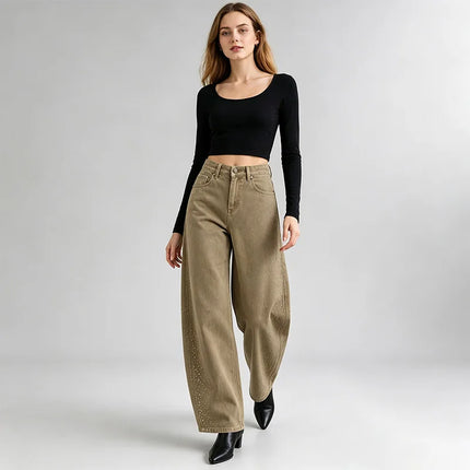 Barrel Women's Jeans High Waist Denim Washed Khaki Shaded Rhinestones Side pants Wide Curved Balloon Streetwear Retro Glam Look For City Out And Leisure FX5429-5