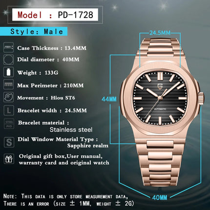 PAGANI DESIGN Orologio da uomo 40MM Orologio automatico di lusso in oro per uomo Orologio meccanico AR Zaffiro resistente con chiusura luminosa
