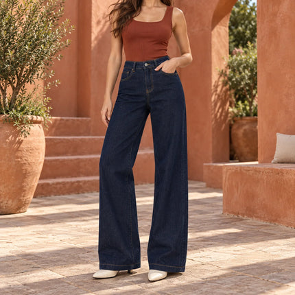 Women's High-Waisted Wide-Leg Raw Blue Jeans, Trendy Original Multi-Pocket Denim Pants, Flowy Fit That Enhances the Silhouette, Versatile Urban Casual Style, Durable Quality Fabric, Ideal for Everyday Outfits Yw-1192J