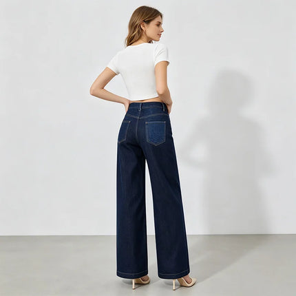 Women's Wide-Leg High-Waisted Dark Blue Denim Jeans, No Brand, Loose Cut That Flatters the Silhouette, Trendy Comfortable Fit, Versatile Urban Casual Style, Durable Denim Fabric, Perfect for Everyday Looks, Yw-1192J