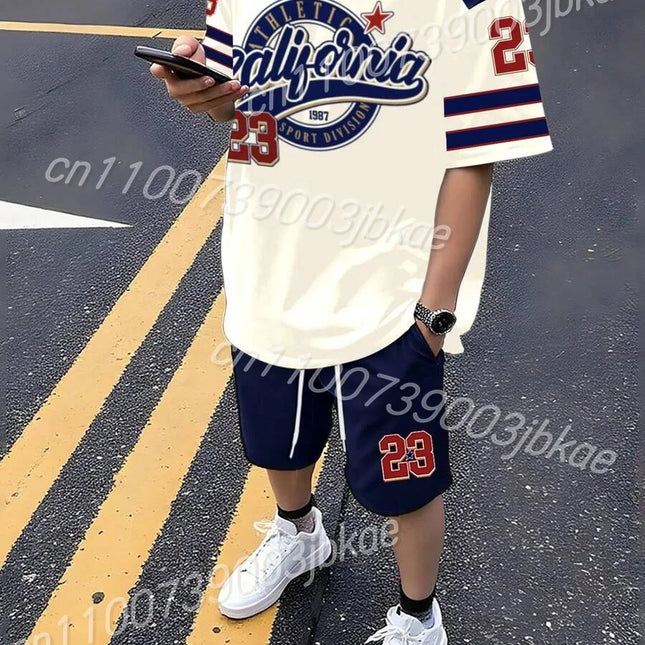 Ensemble t-shirt et short à manches courtes CALIFORN NO.23 pour homme Ensemble t-shirt femme à col en V dégradé et manches courtes