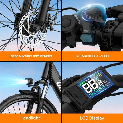 Bicicletta Elettrica URLIFE E26 con Pneumatici 26x2 Pollici, Batteria Rimovibile 48V 10.4Ah, Display LCD, 7 Velocità, Freno a Disco Idraulico, per Adulti e Città