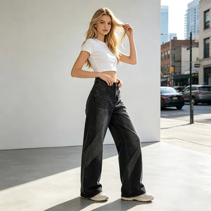 Women's Jeans High Waist Wide Leg Black With Glitter Effect Denim Detail Vintage Wash Side Seams, Large Comfortable Streetwear pants Ideal For Casual Outing And Urban Looks Soft Non-Stringing Fabric YW-1842