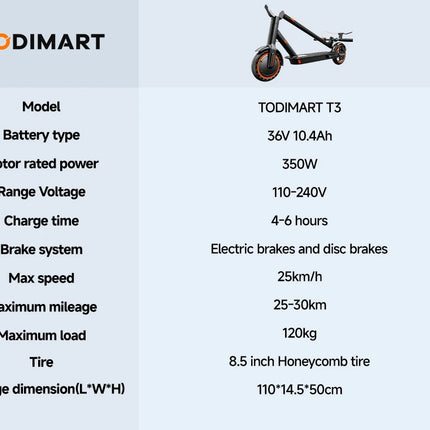 Monopattino Elettrico Pieghevole TODIMART T3 per Adulti con Supporto APP, Motore 350W/25KM/H, Batteria 36V 10.4Ah, Autonomia 35 km