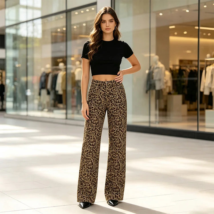 High Waist Wide Leg Jeans woman Leopard printing Denim Vintage Loose Comfortable Fashion Look For City Party Daily Outings FX5319-1