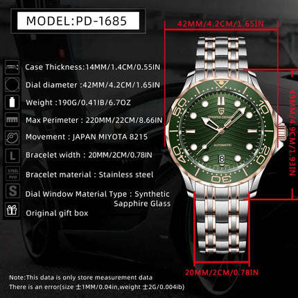 PAGANI DESIGN Orologio subacqueo automatico di lusso verde da uomo, Nuova collezione, Orologio meccanico MIYOTA 8215 da uomo, Spedizione locale