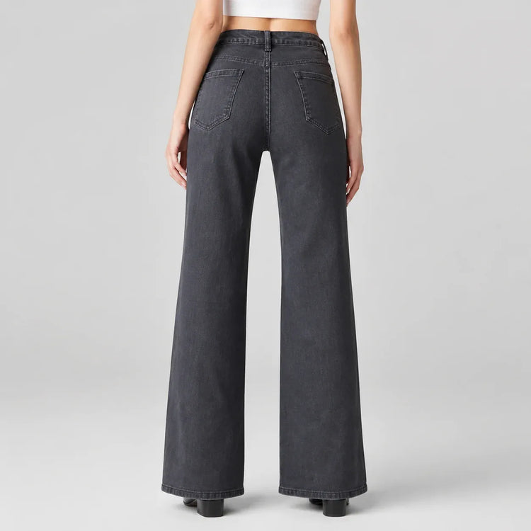 Women's High-Waisted Wide-Leg Jeans, Vintage Faded Dark Wash, Casual Streetwear Style, Elegant Modern Retro Style Pants, Flowy Cut That Elongates the Legs and Enhances the Silhouette, Comfortable Fit, Ideal for Outings Fx1338