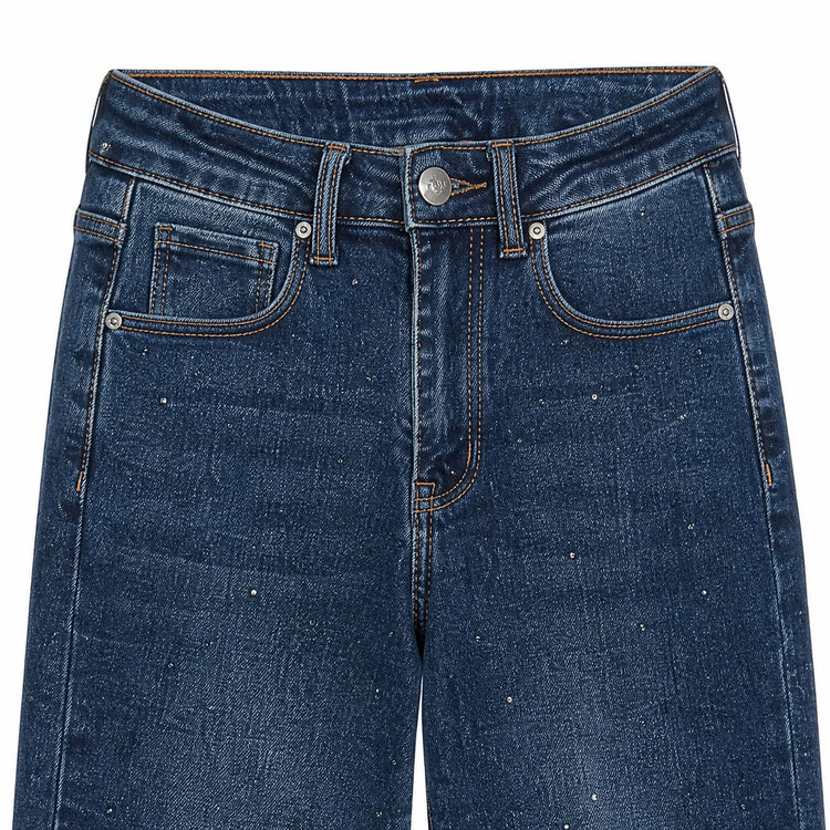 Women’s high-waisted skinny jeans with gradient rhinestones at the ankles, stretchy blue denim, five-pocket trousers in an elegant style, fashionable pieces for evenings and everyday looks, comfortable fabric FX5024