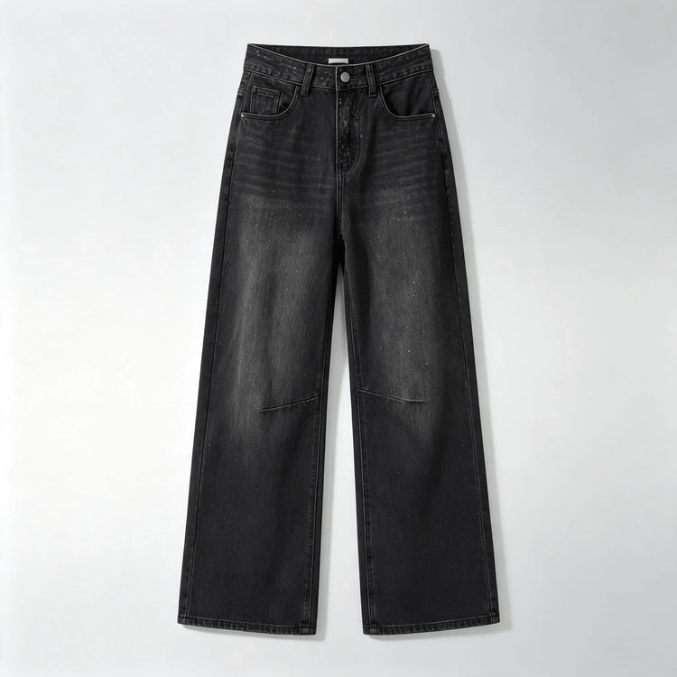 Women's Jeans High Waist Wide Leg Black With Glitter Effect Denim Detail Vintage Wash Side Seams, Large Comfortable Streetwear pants Ideal For Casual Outing And Urban Looks Soft Non-Stringing Fabric YW-1842
