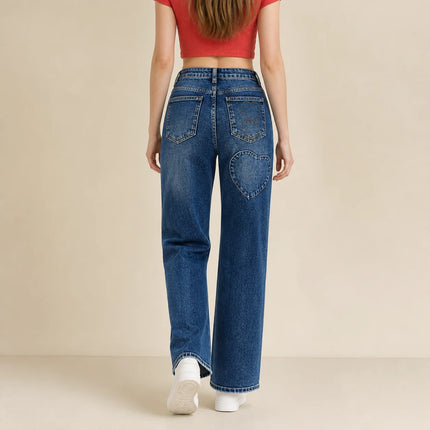 Women's Jeans Wide Waist High Waist Denim Blue Washed Embroidery Heart Embroidery pants Style Y2K Streetwear Glam Casual For City Outings And Leisure FX5432