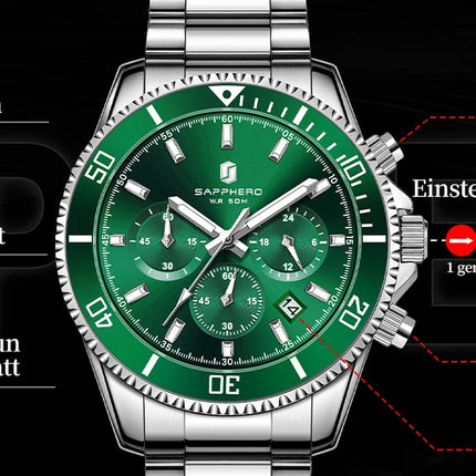 SAPPHERO Orologio Uomo Quarzo Lusso Cronografo Sport Acciaio Inossidabile Impermeabile 50M Data Luminoso Orologio Elegante Business