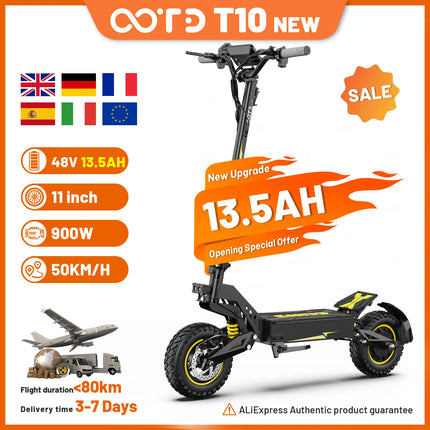 Scooter elettrico per adulti con pneumatici fuoristrada da 11 pollici, oot10 900W 48V, batteria da 13,5 Ah, display a LED.