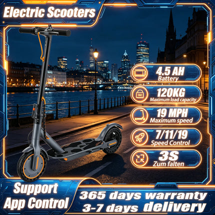 EU Stock 350W Electric Scooter 19 MPH 3 Speed Settings App Control 8.5 Inch Solid Non Slip Tires IPX4 Water Resistance Aluminum Alloy Frame Maximum Load Capacity 120 Kg