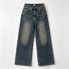 Women's Wide-Leg Jeans with Rhinestone-Trimmed Cuff, Dark Blue Retro Vintage Wash Denim, Trendy Shiny Details, Glam Streetwear Style, Flattering Fit That Enhances the Silhouette, Jf526