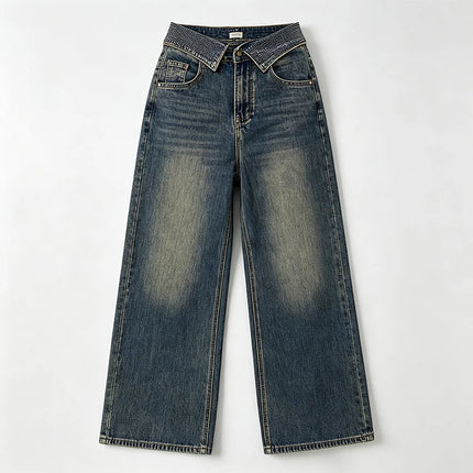 Women's Wide-Leg Jeans with Rhinestone-Trimmed Cuff, Dark Blue Retro Vintage Wash Denim, Trendy Shiny Details, Glam Streetwear Style, Flattering Fit That Enhances the Silhouette, Jf526