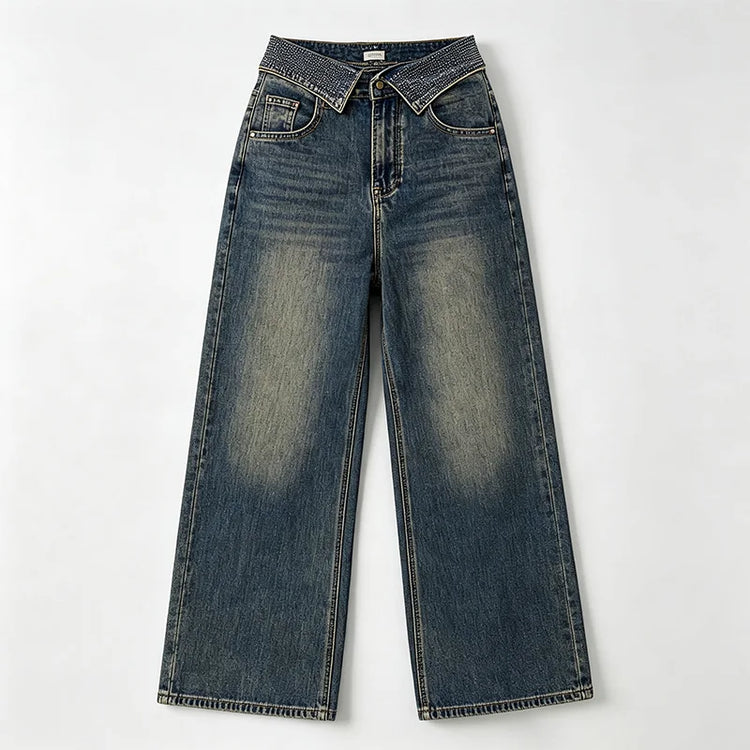 Women's Wide-Leg Jeans with Rhinestone-Trimmed Cuff, Dark Blue Retro Vintage Wash Denim, Trendy Shiny Details, Glam Streetwear Style, Flattering Fit That Enhances the Silhouette, Jf526
