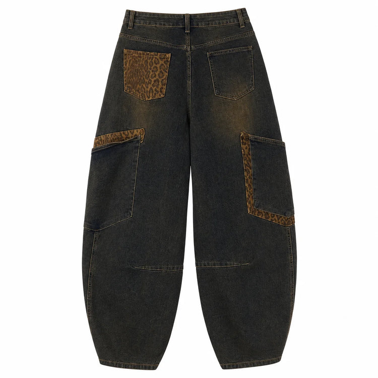 Women's Jeans Cargo Balloon High Waist Denim Blue Vintage Effect Details Leopard Pockets Big pants Streetwear Y2K for Urban Leisure Outings FX5355-1