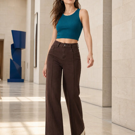 Women's Jeans High Waist Wide Leg Denim Brown Coffee Central Stitch Detail Soft Structured Stylish Casual For Office And Quotidians YW‑1882F