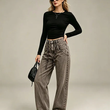 Women's Loose Barrel-Cut Jeans in Grey Acid Wash with Floral Print, Asymmetrical Stitching, Trendy High-Waisted Design, Urban Grunge Streetwear Style, Comfortable Pants, Durable Denim Fabric That Enhances the Silhouette, Fx53