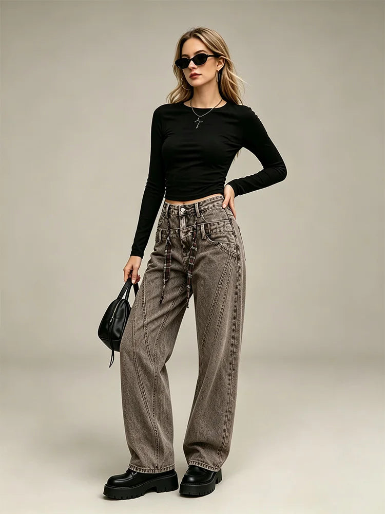 Women's Loose Barrel-Cut Jeans in Grey Acid Wash with Floral Print, Asymmetrical Stitching, Trendy High-Waisted Design, Urban Grunge Streetwear Style, Comfortable Pants, Durable Denim Fabric That Enhances the Silhouette, Fx53