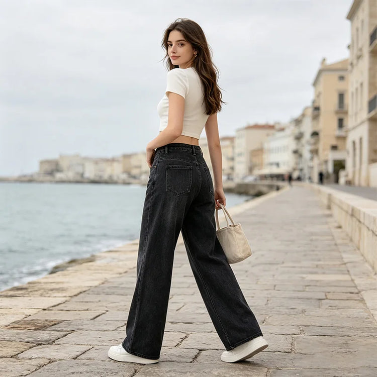 Jeans Wide Leg High Waist woman Black Stone Wash Soft Denim Loose Fit Comfortable Casual Modern City Work Day Outings FX5318