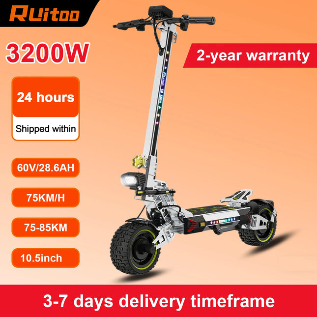 Ruitoo T3MAX Scooter elettrico Doppi motori 3200W 85 km Portata 75 km/h Velocità 60 V/28,6 Ah Motore Pneumatici fuoristrada da 10,5 pollici Pieghevoli
