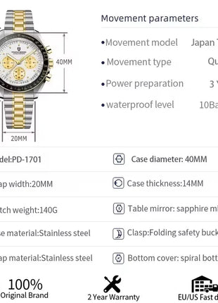 Orologio al Quarzo PAGANI DESIGN per Uomo, Orologio Goldmoon VK63, Cronografo Sportivo, Vetro Zaffiro AR, Luminoso, Impermeabile