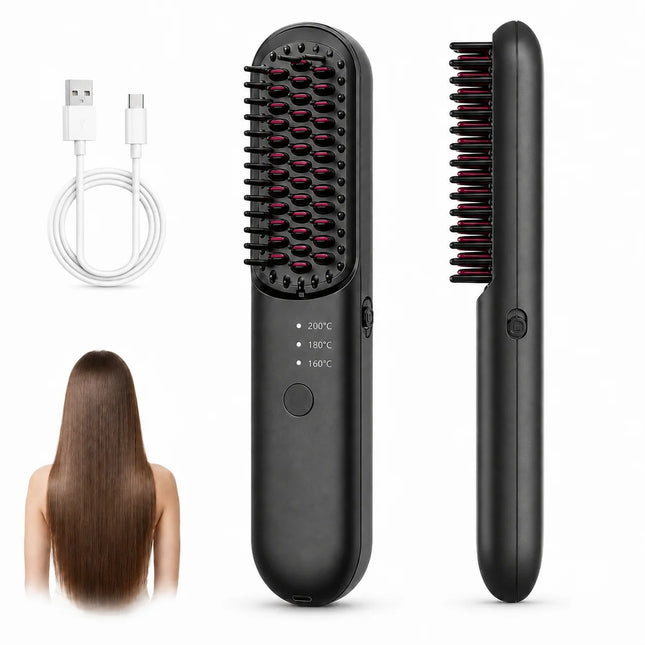 Hair Brush Cordless Hair Straightening Brush, 3 Levels (160-200 ° C), Ion Technology Heat Brush Thermal Protection Coating Ceramic Anti-Scald Electric Hair Brush Cordless Heated Hair Straightening Comb