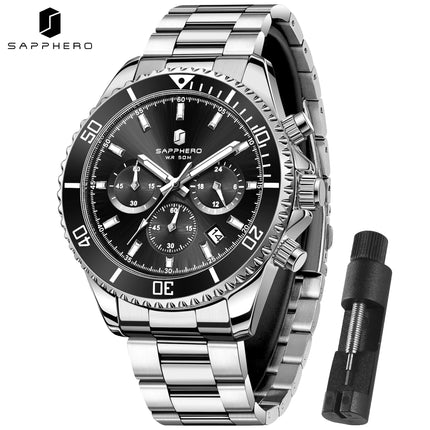 SAPPHERO Orologio Uomo Quarzo Lusso Cronografo Sport Acciaio Inossidabile Impermeabile 50M Data Luminoso Orologio Elegante Business
