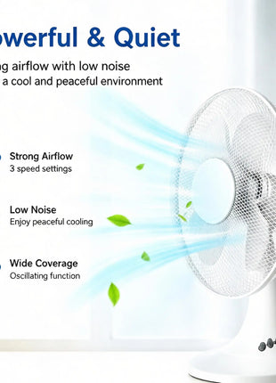 Ventilatore da tavolo elettrico con 3 velocità, silenzioso, 30 °   Inclinabile °   Protezione in rete sicura, a basso consumo energetico, per camera da letto, ufficio e stanza