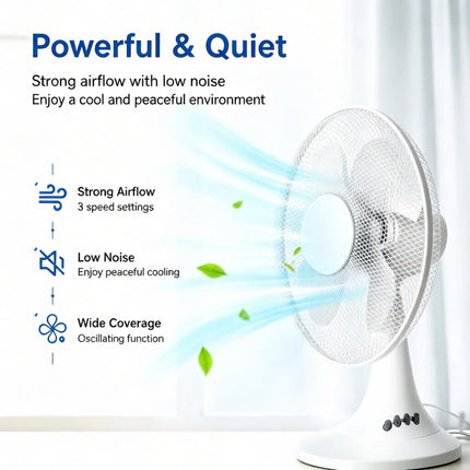Ventilatore da tavolo elettrico con 3 velocità, silenzioso, 30 °   Inclinabile °   Protezione in rete sicura, a basso consumo energetico, per camera da letto, ufficio e stanza