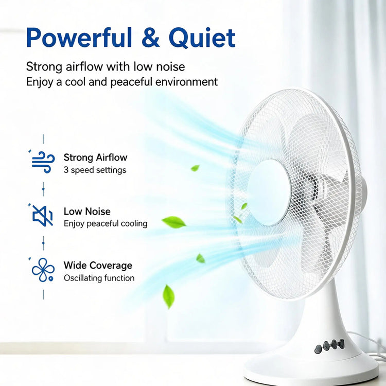 Ventilatore da tavolo elettrico con 3 velocità, silenzioso, 30 °   Inclinabile °   Protezione in rete sicura, a basso consumo energetico, per camera da letto, ufficio e stanza