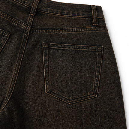 Dark Brown woman Jeans Balloon High Waist Vintage Wash Soft Denim Fit Large Functional Pockets Urban Streetwear Style Curled Cut Perfect For Daily Outfits Casual Outings FX5314-7
