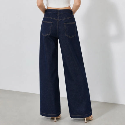 Women's High-Waisted Wide-Leg Jeans, Loose Fit with Classic Pockets, Urban Casual Style, Dark Blue Denim Pants for Modern Everyday Look Yw-1192J