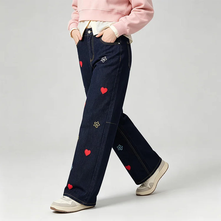 Women's High-Waisted Wide-Leg Black Jeans with Trendy Colorful Heart and Flower Embroidery, Durable Denim with a Flowy Fit, Loose-Cut Pants That Flatter the Figure, Casual Urban Streetwear Style, Original Embellished Design,