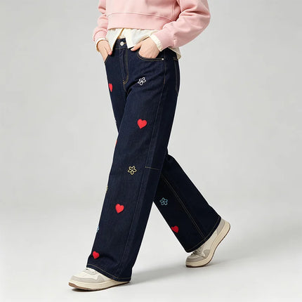 Women's High-Waisted Wide-Leg Black Jeans with Trendy Colorful Heart and Flower Embroidery, Durable Denim with a Flowy Fit, Loose-Cut Pants That Flatter the Figure, Casual Urban Streetwear Style, Original Embellished Design,