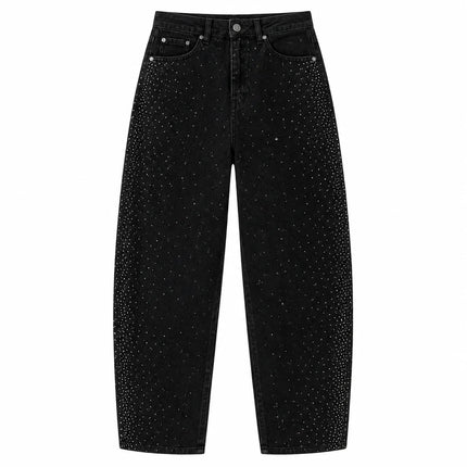 Women's Banana High Waist Denim Jeans Black Washed Rhinestones Decorative pants Wings Wide Glitter Streetwear For Urban Releases Look Fashion Glam FX5429-1