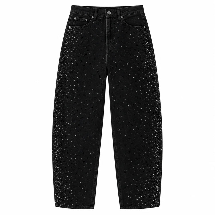 Women's Banana High Waist Denim Jeans Black Washed Rhinestones Decorative pants Wings Wide Glitter Streetwear For Urban Releases Look Fashion Glam FX5429-1