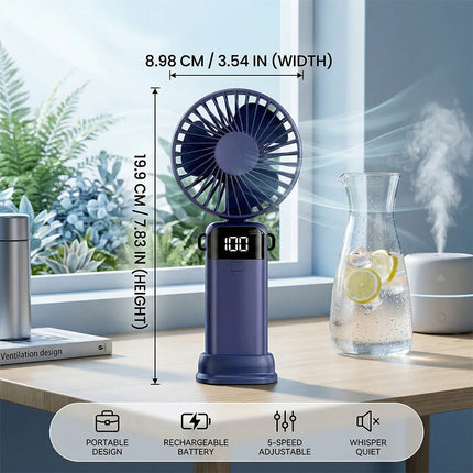 Ventilatore Portatile 3 in 1 Pieghevole USB Ricaricabile Mini Ventilatore da Tavolo con Display Digitale LED 5 Velocità Regolabili 90° °   Ventilatore Inclinabile per Casa, Ufficio e Esterni