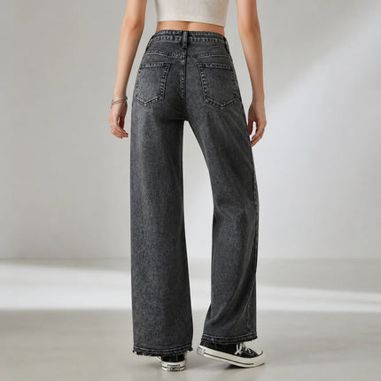 Women's Wide Leg High Waist Jeans, Black‑Gray Vintage Acid Wash Denim, Frayed Hem, Engraved Pattern Fabric, Loose Fit Shaping Legs, Y2K Street Style, Ideal for Urban Outings, Walks, Dates Fx5153
