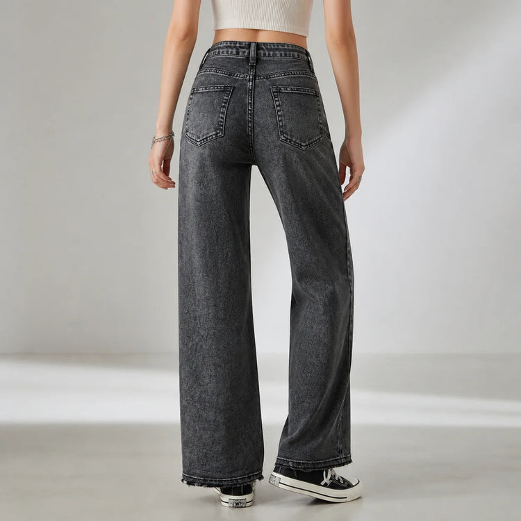 Women's Wide Leg High Waist Jeans, Black‑Gray Vintage Acid Wash Denim, Frayed Hem, Engraved Pattern Fabric, Loose Fit Shaping Legs, Y2K Street Style, Ideal for Urban Outings, Walks, Dates Fx5153