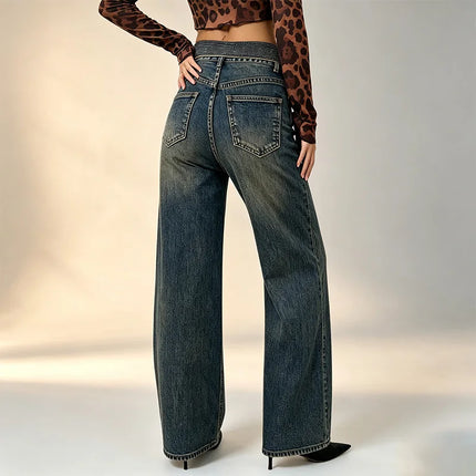 Women's Wide-Leg Jeans with Rhinestone-Trimmed Cuff, Dark Blue Retro Vintage Wash Denim, Trendy Shiny Details, Glam Streetwear Style, Flattering Fit That Enhances the Silhouette, Jf526